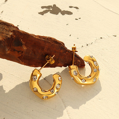 Brincos de imitação de pérola de zircão em aço inoxidável em forma de C banhado a ouro