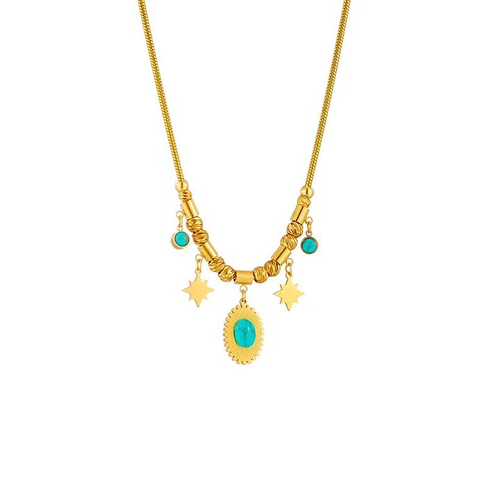 Vintage Style Commute Star Oval Stainless Steel Plating Inlay Turquoise 18K Gold Plated Pendant Necklace