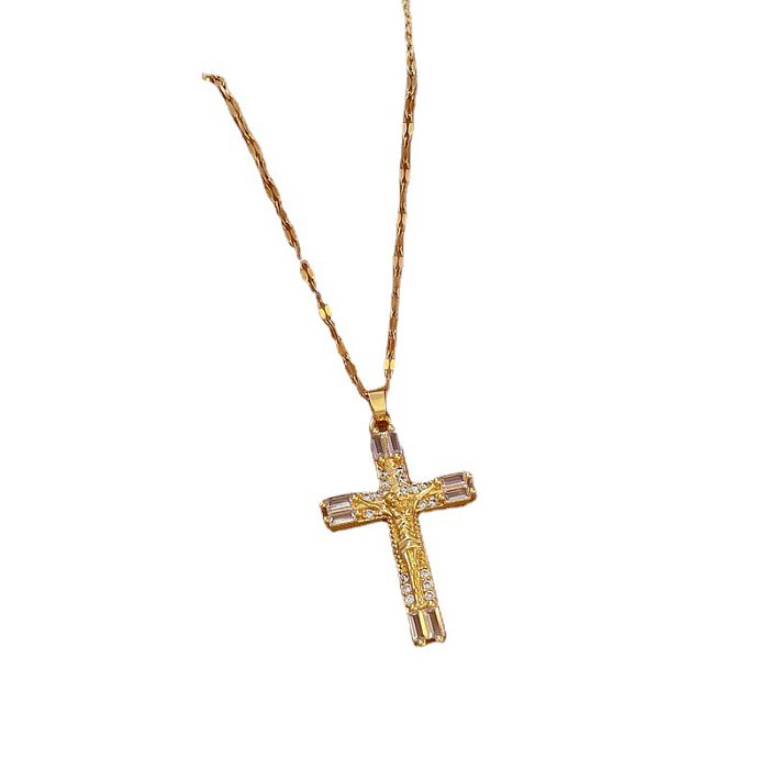 Ethnic Style Cross Stainless Steel Copper Plating Inlay Rhinestones Pendant Necklace