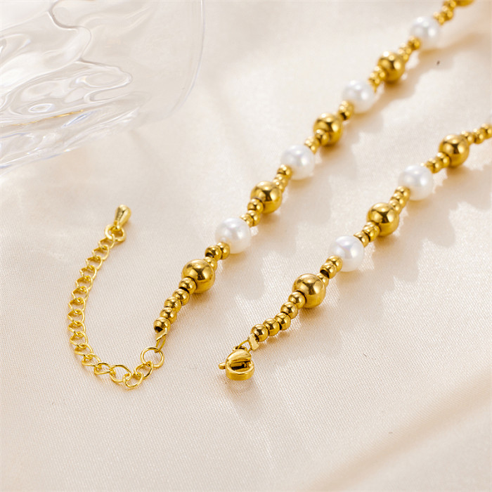 Casual Vintage Style Round Stainless Steel  Freshwater Pearl Beaded Plating 18K Gold Plated Necklace