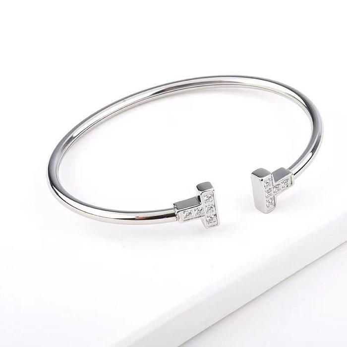 Simple Style T Shape Titanium Steel Inlay Rhinestones Cuff Bracelets