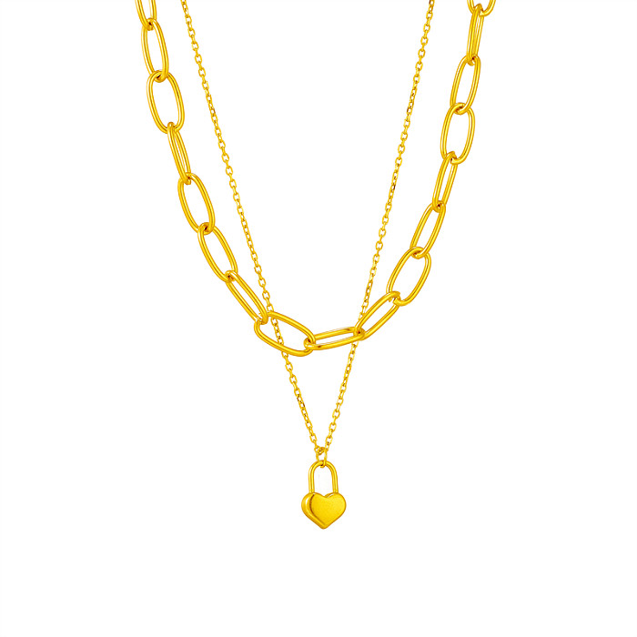 Estilo retrô coreano formato de coração revestimento em camadas de aço inoxidável banhado a ouro 18K colares de camada dupla