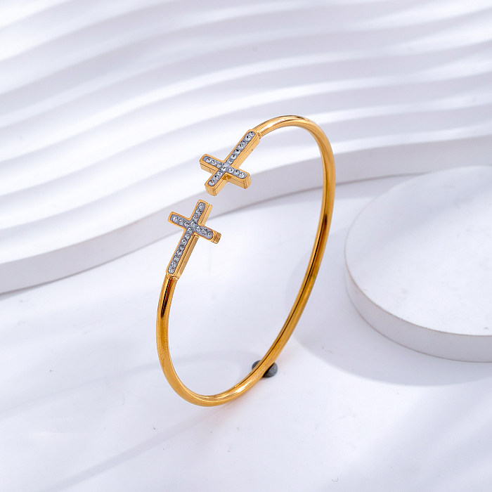 INS Style Style classique croix arbre coeur forme titane acier époxy placage incrustation Zircon 24K plaqué or bracelet