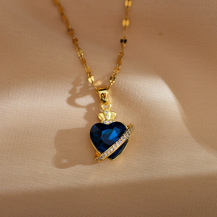 Collier pendentif en Zircon avec incrustation de cuivre en acier inoxydable en forme de cœur brillant de Style Simple