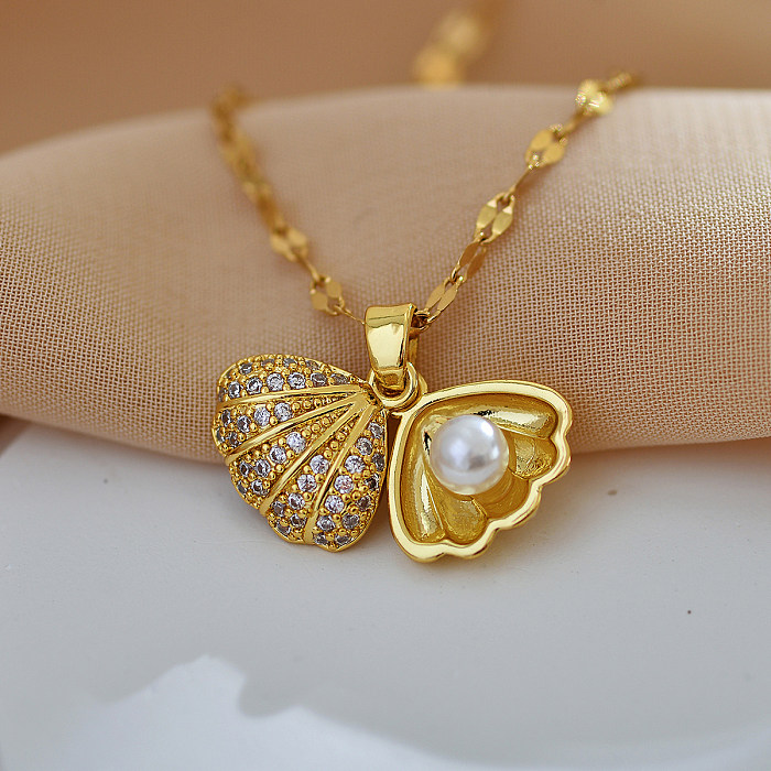 Beach Simple Style Shell Stainless Steel Copper Plating Inlay Pearl Zircon Pendant Necklace