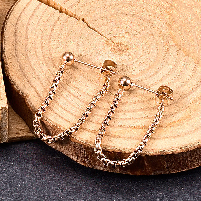Simple Tassel Chain Rear Hanging Stainless Steel Rose Gold Stud Earrings