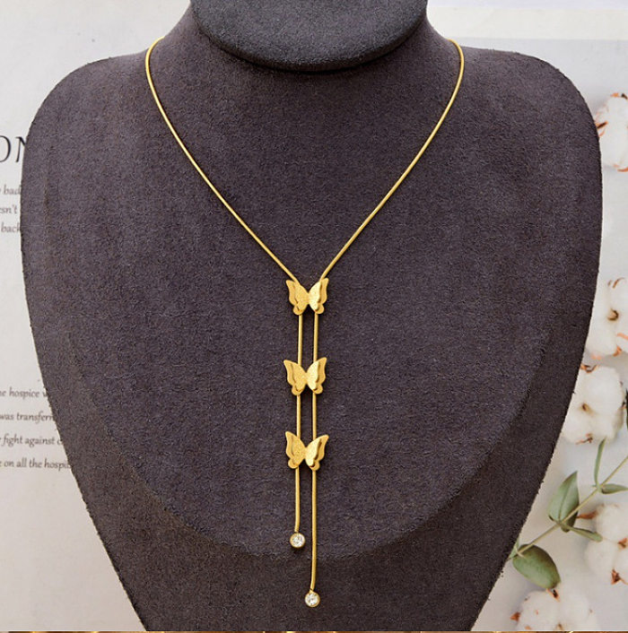 Elegant Butterfly Stainless Steel Plating Inlay Artificial Rhinestones 18K Gold Plated Pendant Necklace