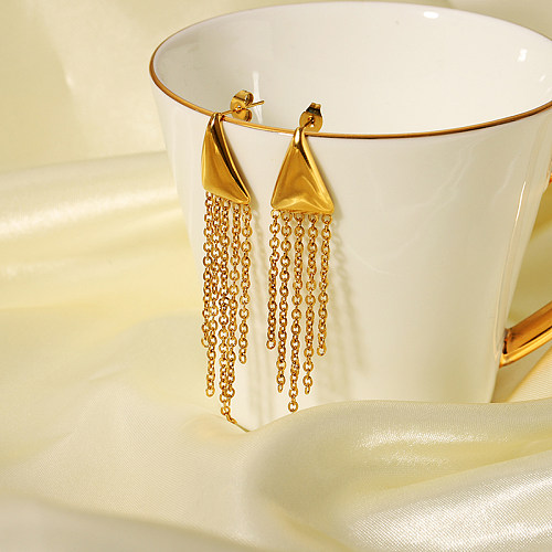 1 par de brincos elegantes femininos triangulares com borla em aço inoxidável banhados a ouro 18K