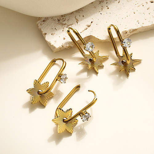 1 par de brincos de argola banhados a ouro 18K com zircônia de aço inoxidável estilo simples comute estrela flor chapeada