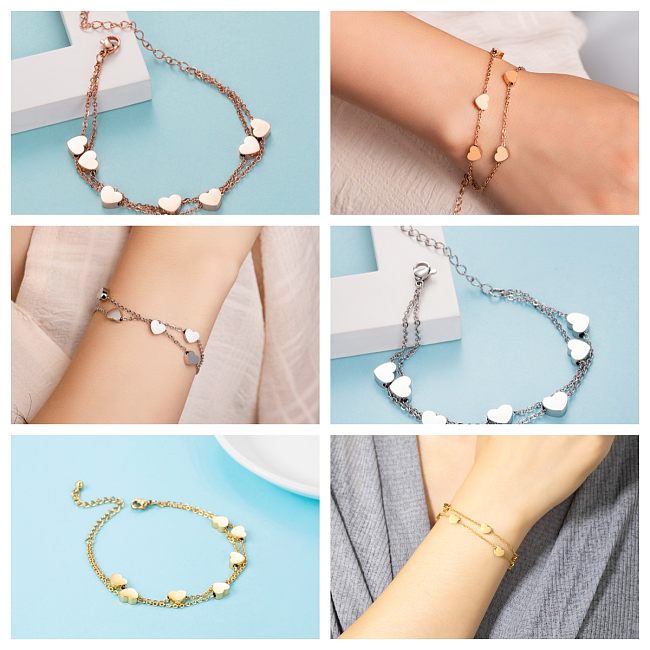Sweet Heart Shape Stainless Steel Layered Plating Rose Gold Plated Gold Plated Bracelets