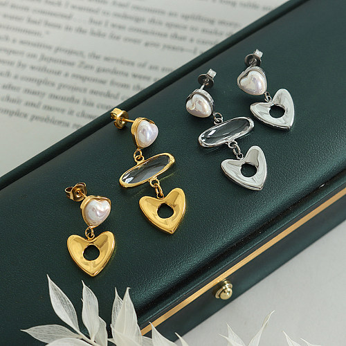 Classic Style Heart Shape Stainless Steel Asymmetrical Gold Plated Artificial Pearls Glass Stone Drop Earrings 1 Pair