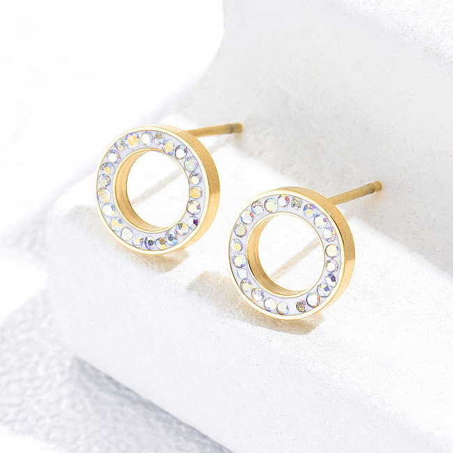 1 Pair Simple Style Round Stainless Steel  Plating Inlay Rhinestones 14K Gold Plated Ear Studs
