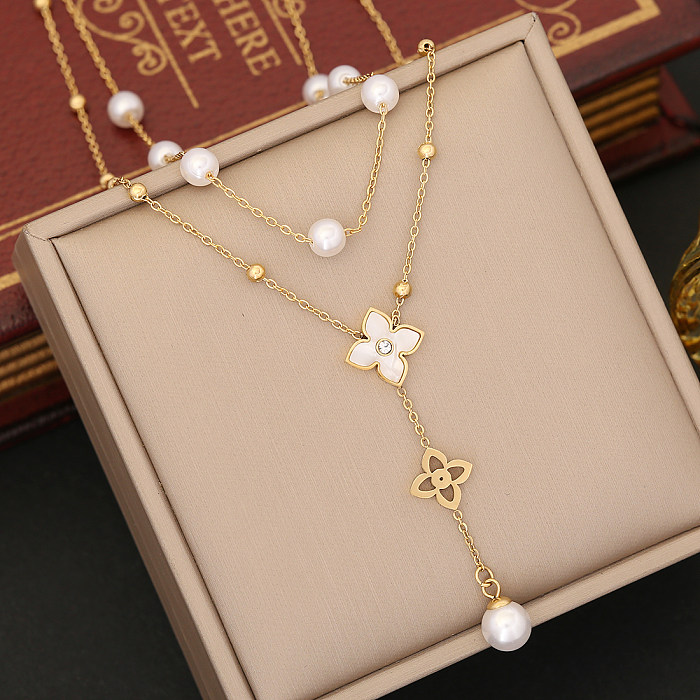 Collier avec pendentif en acier inoxydable, fleur de trajet, imitation de perles, placage de pampilles