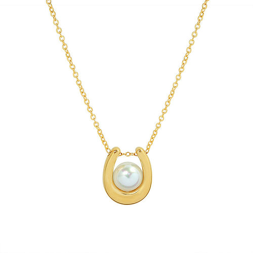 Collier élégant avec pendentif en perles artificielles, placage en acier inoxydable en forme de U