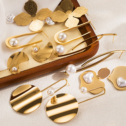 1 Paar IG-Stil, einfache geometrische Herzform, unregelmäßige Beschichtung, künstliche Perlen aus Edelstahl, 18 Karat vergoldete Ohrhänger