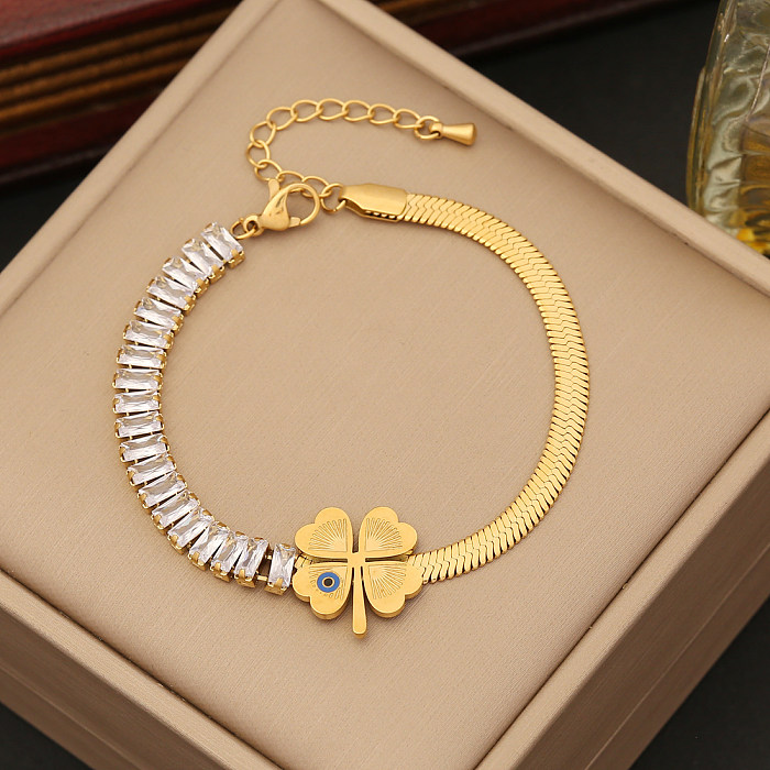 Casual Simple Style Four Leaf Clover Devil'S Eye Butterfly Stainless Steel Plating Inlay Zircon Bracelets