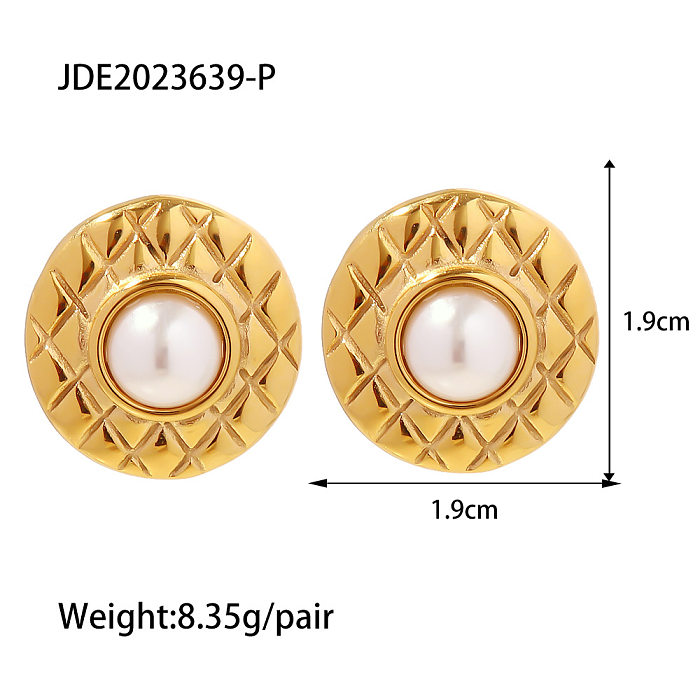 1 Pair Retro Round Stainless Steel  Plating Inlay Artificial Gemstones Pearl Ear Studs