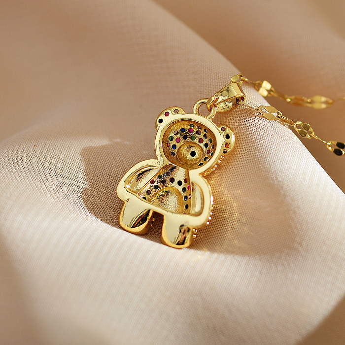 Niedliche, schlichte Bären-Anhänger-Halskette aus Edelstahl mit Kupferbeschichtung und Inlay-Zirkon-Vergoldung