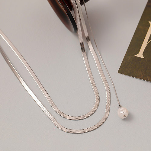 Elegant Geometric Stainless Steel Inlay Artificial Pearls 18K Gold Plated Layered Necklaces