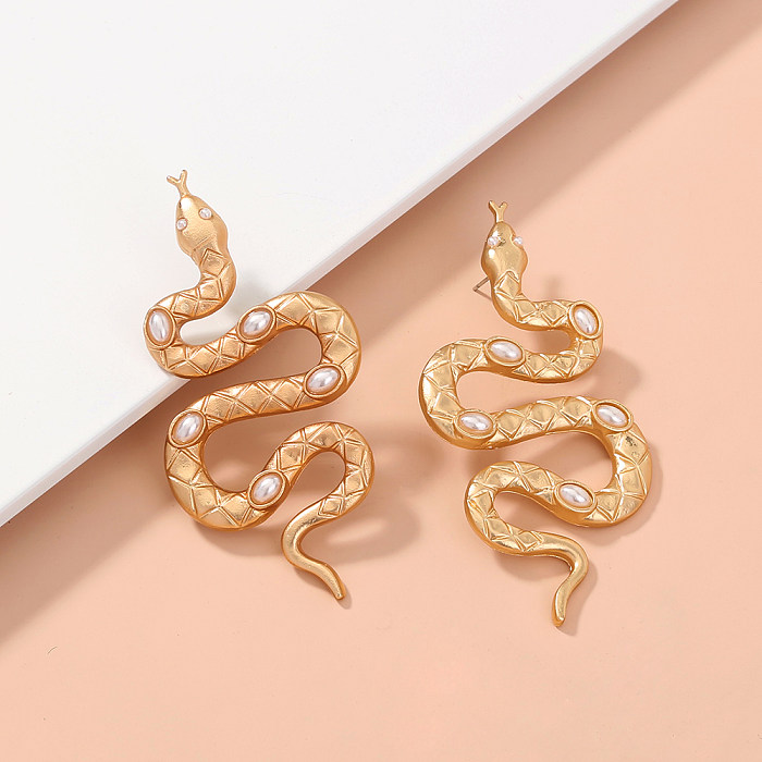 1 paire de clous d'oreilles plaqués or, Style Simple, incrustation de placage en acier serpent, perles