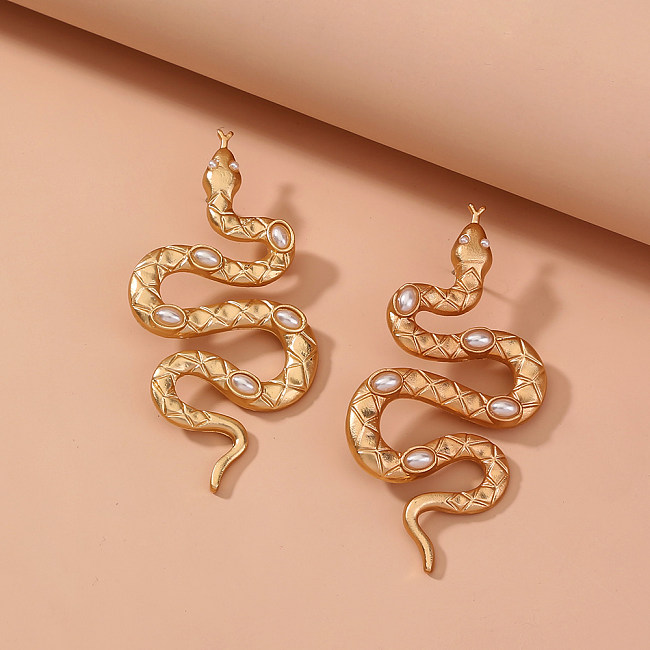 1 Pair Simple Style Snake Steel Plating Inlay Pearl Gold Plated Ear Studs