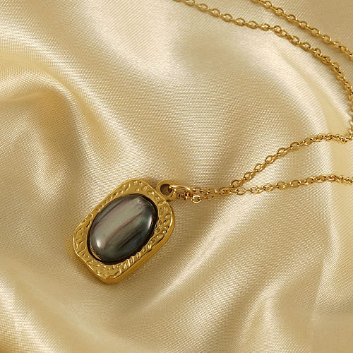 Retro Oval Stainless Steel  Inlay Opal 18K Gold Plated Pendant Necklace