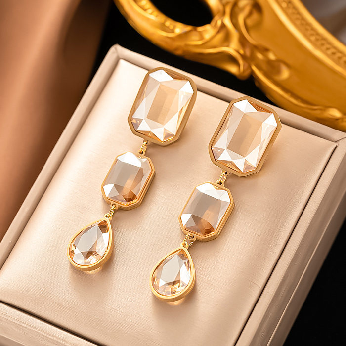 1 Paar elegante, glamouröse quadratische Wassertropfen-Ohrringe mit Inlay aus Edelstahl mit künstlichem Diamant