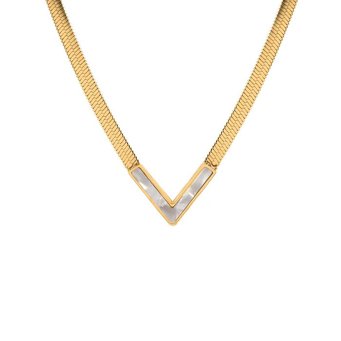Simple Style V Shape Stainless Steel Inlay Zircon 18K Gold Plated Pendant Necklace