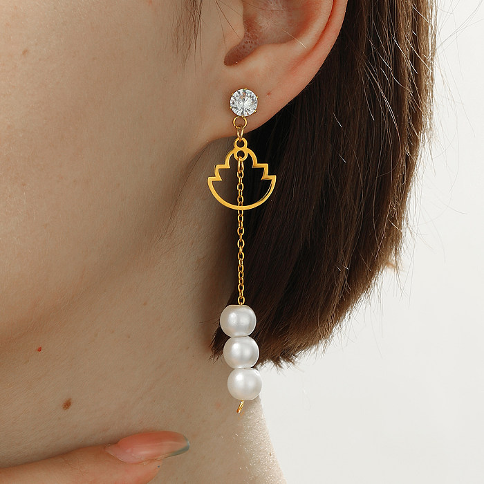 1 Pair Simple Style Cross Maple Leaf Heart Shape Stainless Steel  Plating Inlay Pearl Zircon Gold Plated Earrings