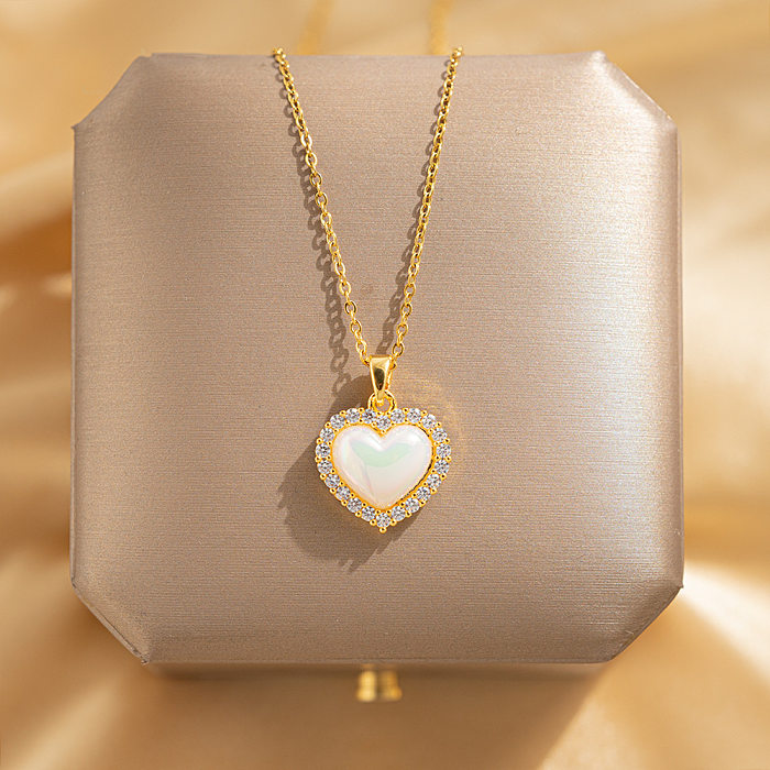 Elegant Leaf Heart Shape Lock Stainless Steel Plating Inlay Rhinestones Zircon Pendant Necklace