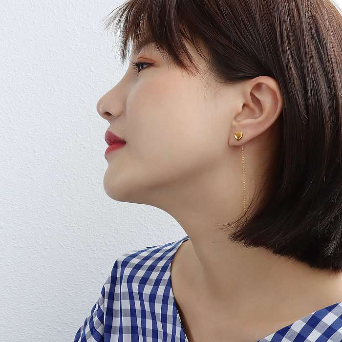 Simple Small Peach Heart Stainless Steel Long Earrings