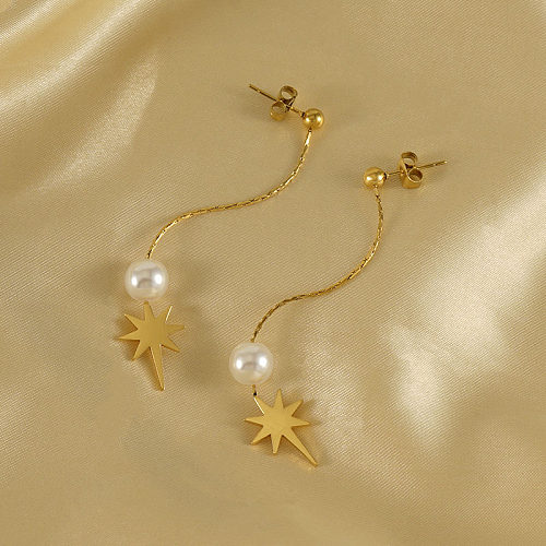 1 par de brincos de gota banhados a ouro 18K com incrustação de pérolas artificiais de aço inoxidável com estrela elegante