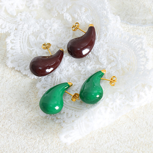 1 Pair Retro Water Droplets Enamel Plating Stainless Steel 18K Gold Plated Ear Studs