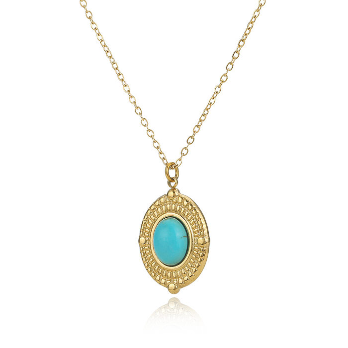 Collier pendentif ovale Turquoise en acier inoxydable, bijoux simples, vente en gros