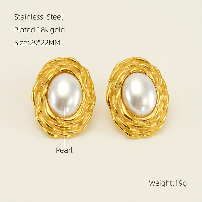 Pendientes chapados en oro de 1K, elegantes, ovalados irregulares, Color sólido, pulido, incrustaciones, perlas de agua dulce de acero inoxidable, 18 par