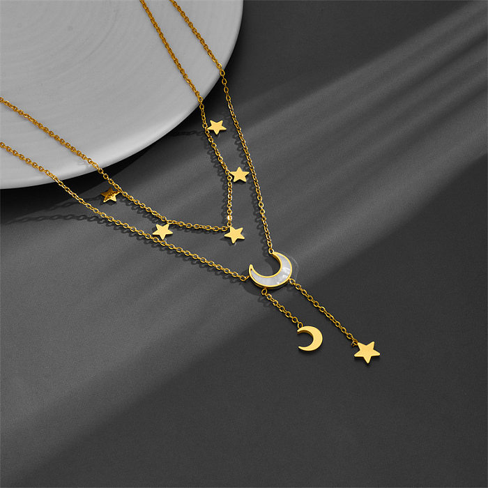 Doce estilo simples estrela lua borboleta chapeamento de aço inoxidável inlay colares em camadas