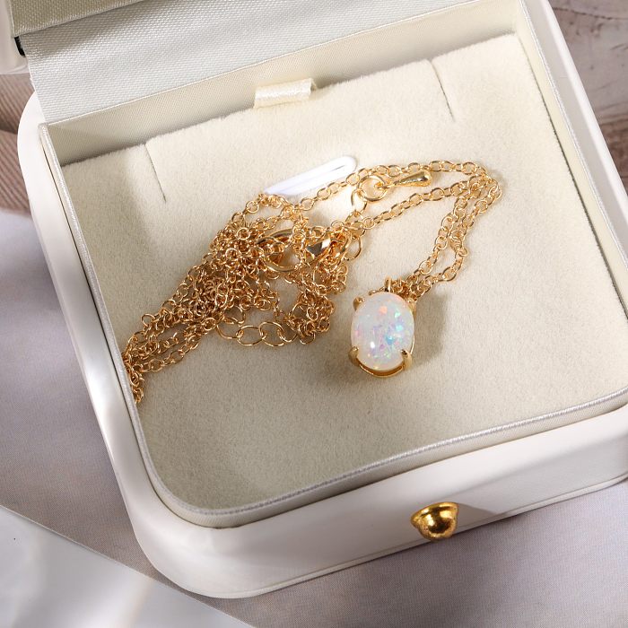 Casual Simple Style Round Stainless Steel Plating Inlay Opal 18K Gold Plated Pendant Necklace