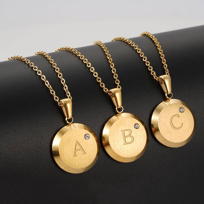 Fashion Round Letter Stainless Steel  Stainless Steel Inlay Zircon Pendant Necklace 1 Piece