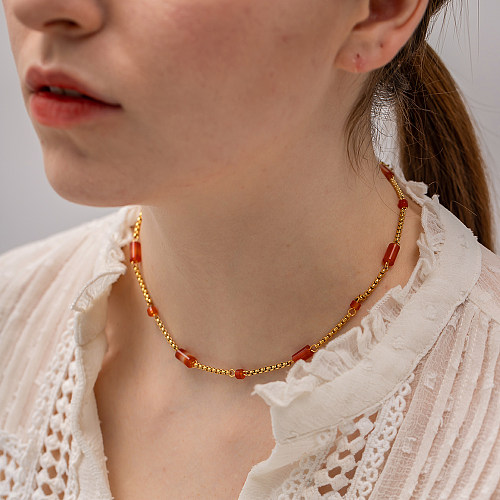 1 Stück Retro-Color-Block-Halskette aus Edelstahl mit Natursteinbeschichtung