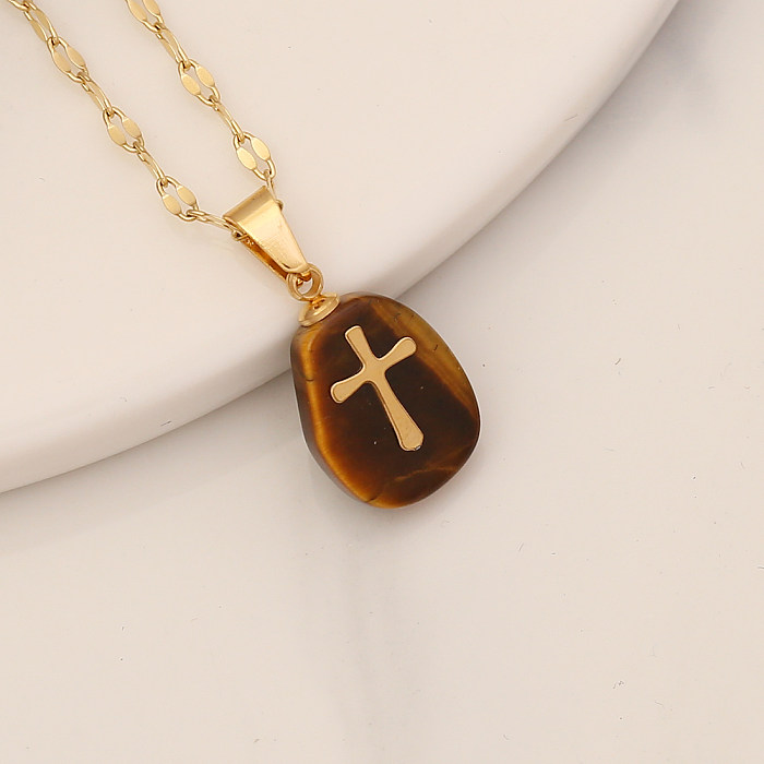 Collier pendentif en pierre naturelle en acier inoxydable, 1 pièce, croix à la mode