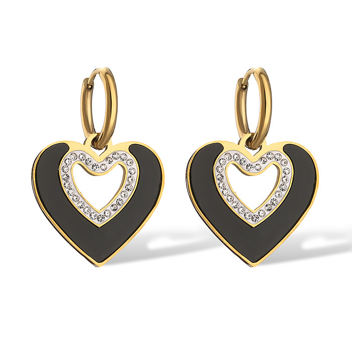 1 paire de boucles d'oreilles pendantes en forme de cœur, Style Simple, incrustation en acier inoxydable, Zircon plaqué or 18 carats