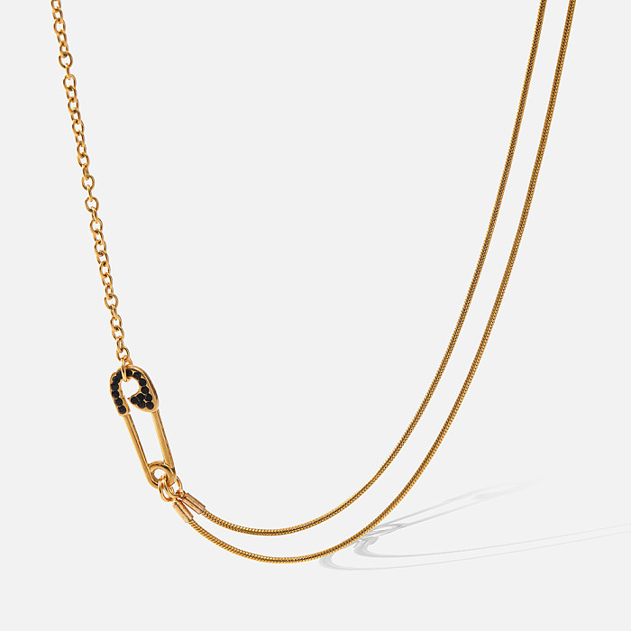 Moda Pin Acero inoxidable Chapado en oro Incrustaciones Diamantes de imitación Collares en capas 1 pieza