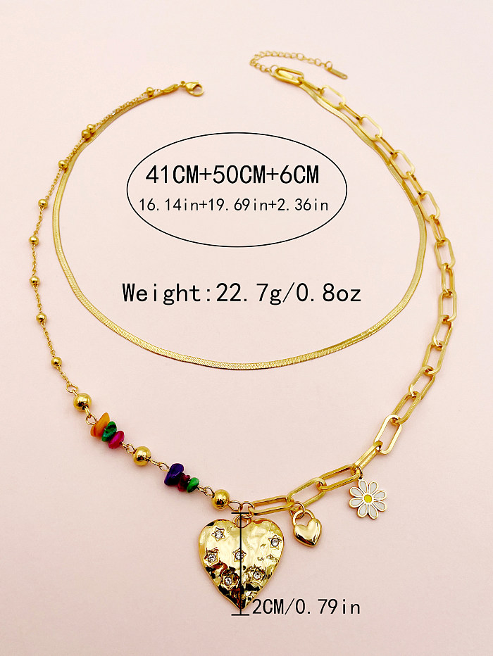 Casual Heart Shape Flower Stainless Steel  Gravel Layered Enamel Plating Gold Plated Layered Necklaces
