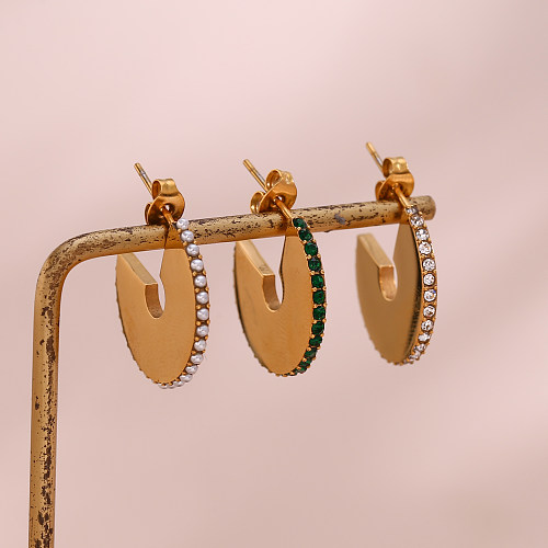 1 Paar moderne C-förmige Herzform-Ohrstecker mit Edelstahlbeschichtung, Intarsien, Strasssteinen und Perlen, 18 Karat vergoldet