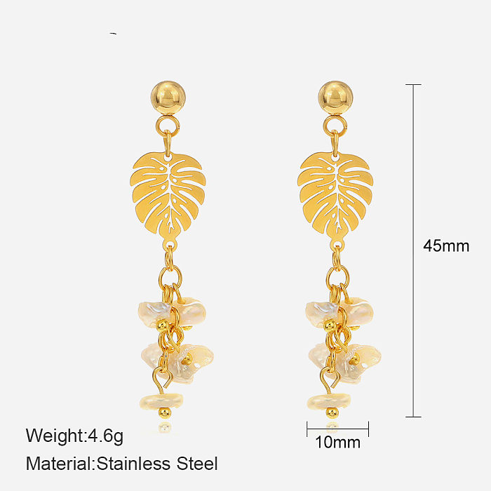 Elegant Leaf Stainless Steel  Inlay Artificial Pearls Drop Earrings 1 Pair
