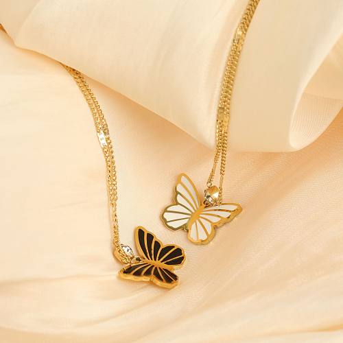 Süße, schlichte Halskette mit Schmetterlings-Anhänger aus Edelstahl, Edelstahl-Beschichtung, Inlay, Zirkon, 18 Karat vergoldet