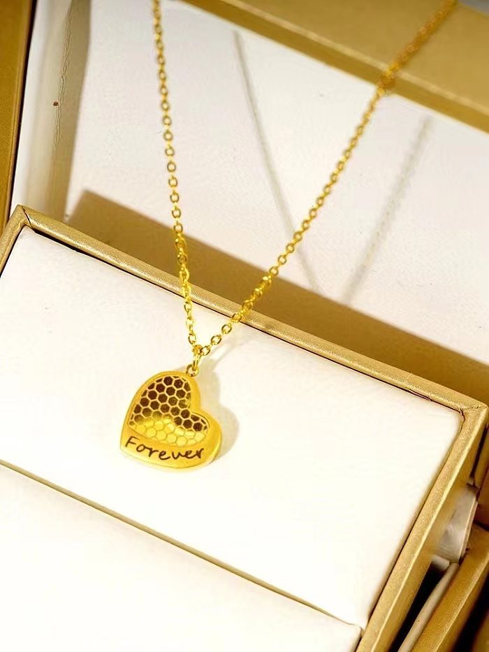 Collier pendentif en forme de coeur avec lettre romantique en nid d'abeille plaqué en acier inoxydable plaqué or 18 carats