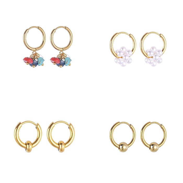 Boucles d'oreilles en acier inoxydable, couleur unie, placage de perles artificielles, pierre naturelle, boucles d'oreilles en acier inoxydable