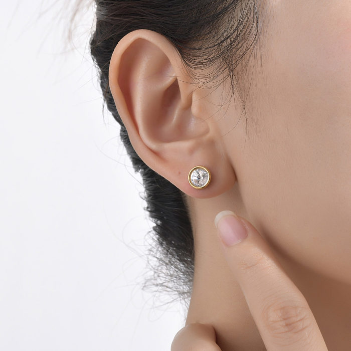 Fashion Round Stainless Steel  Polishing Plating Inlay Zircon Ear Studs 1 Pair