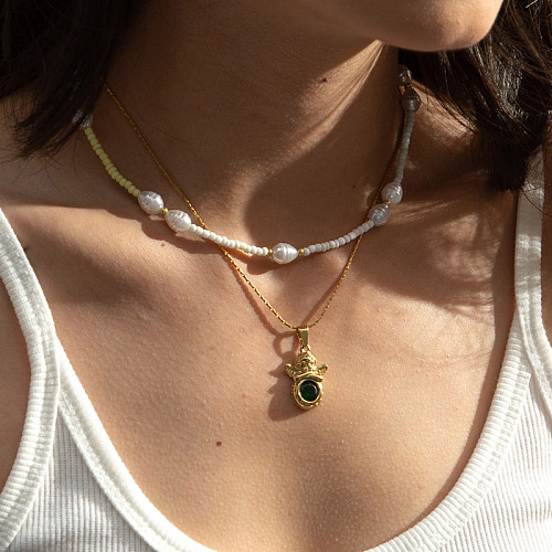 Doppelschichtige Halsketten mit glänzender Perlen-Edelstahlbeschichtung und Zirkoneinlage, 18 Karat vergoldet